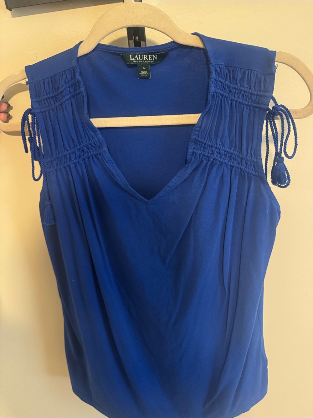 Lauren Ralph Lauren Royal Blue V-Neck Sleeveless Smocked Tie-Shoulder Top
